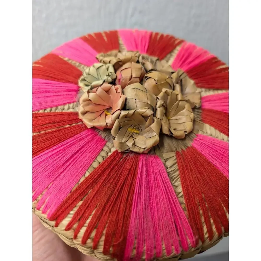 Mexican Colorful Palm Straw Pink Red Yarn Basket Lid Handmade Mexico Boho 8x5